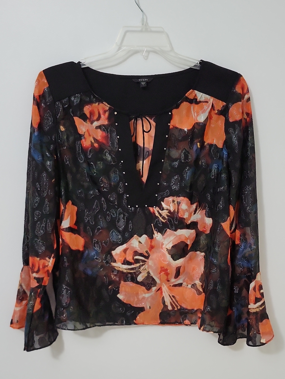 Guess Sheer Floral Tie-Neck Blouse, Size Large